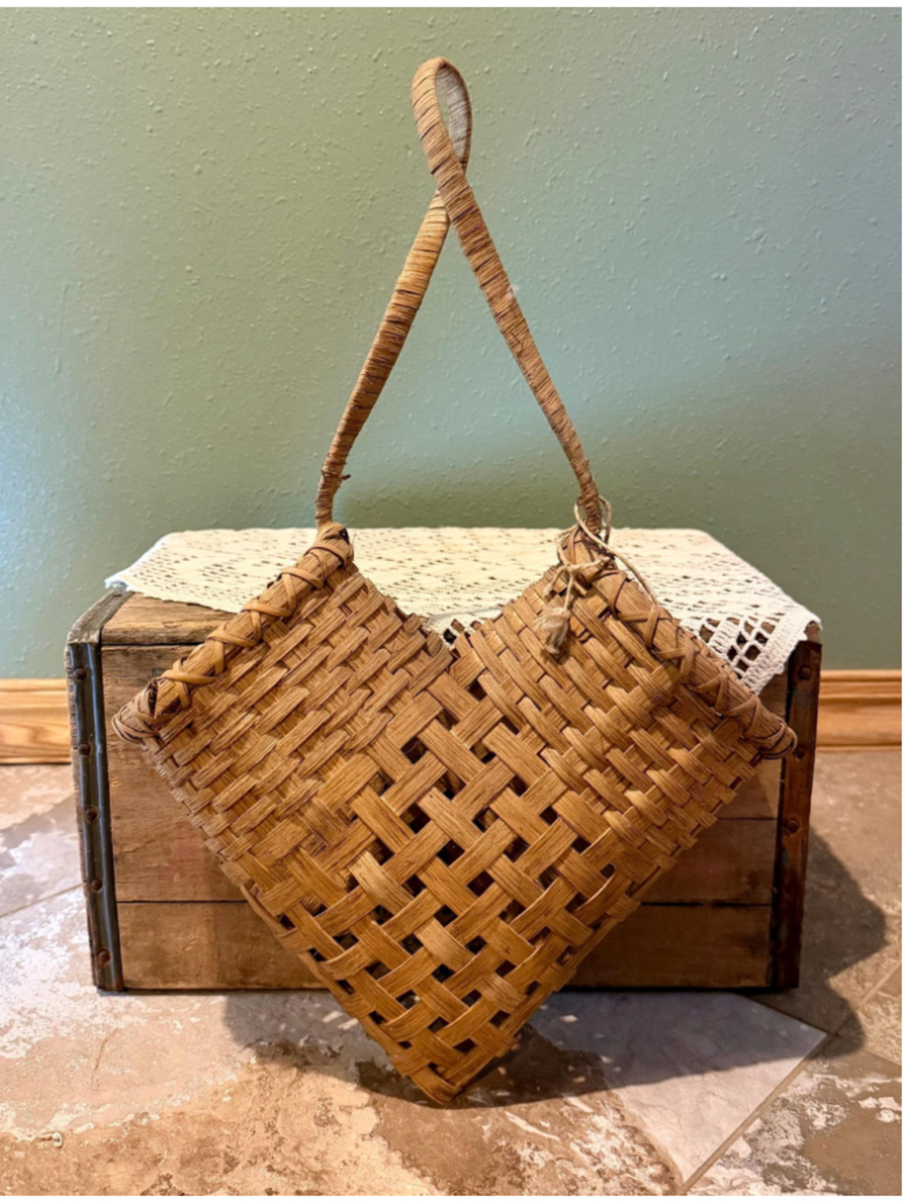 Vintage Hand Woven Heart Wall Basket | Rustic Boho Hanging Decor